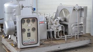 75 HP Knox-Western 3-Stage Natural Gas Compressor Package c/w Inlet Buffer Tank, Murphy Control Panel and Fin-X Cooler. 4",  3" and 1-3/8" Bores X 3-1/2" Stroke.
