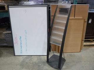 6 Shelf Literature Display Sand, C/w (3) 36" x 24" Cork Boards, (1) 36" x 48" Cork Board, (1) 35" 47" White Board, (2) 36" x 48" White Board