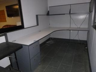 Office Cubicle (6' x 8') c/w File Cabinet, Upper Shelf, Upper Locking Storage Cabinet, Partitions (E5-3-1)