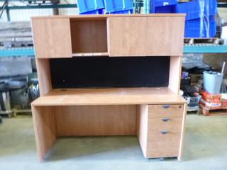 Oak Vaneer Desk c/w 3 Drawer File Cabinet, Upper Storage Cabinet, 65" x 24" x 64.5" *NOTE: Missing 1 Cabinet Door*
