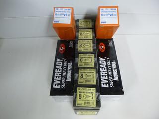 (6) #8 Pan Head 3/4" Tapping Screws, 100 Per Box, (2) #6 32 Machine Screw Nuts, 500 Per Box, (2) D Size Eveready Industrial Batteries, 12 Per Box