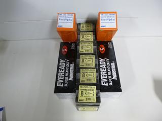 (6) #8 Pan Head 3/4" Tapping Screws, 100 Per Box, (2) #6 32 Machine Screw Nuts, 500 Per Box, (2) D Size Eveready Industrial Batteries, 12 Per Box