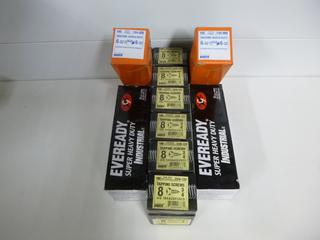 (6) #8 Pan Head 3/4" Tapping Screws, 100 Per Box, (2) #6 32 Machine Screw Nuts, 500 Per Box, (2) D Size Eveready Industrial Batteries, 12 Per Box