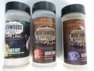 Northwoods Bear Attractant, (3) 8oz Shaker Bottles, Gold Dust, Cheery Burst, Blue Berry Burst