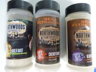 Northwoods Bear Attractant, (3) 8oz Shaker Bottles, Gold Dust, Cheery Burst, Blue Berry Burst