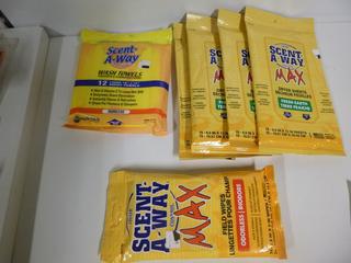 (4 Packs) Scent Away Dryer Sheets, (1 Pack) Scent Away Field Wipes, (1 Pack) Scent Away Wash Towels