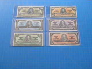 1937 Canadian $1, $2, $5, $10, $20, $50 Bills