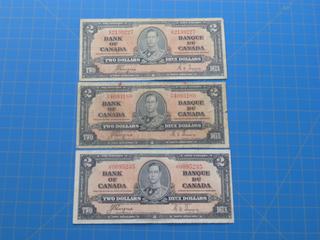 (3) 1937 Canadian $2 Bills
