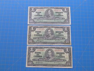 (3) 1937 Canadian $1 Bills