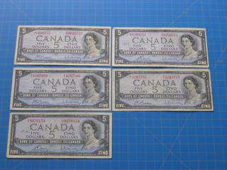(5) 1954 $5 Canadian Bills