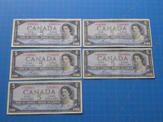 (5) 1954 $5 Canadian Bills