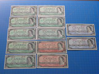 (6)1967 Centennial $1 Canadian Bills, (2) 1954 Canadian $1 Bills, (2) 1954 Canadian $2 Bills,(2) 1954 Canadian $5 Bills