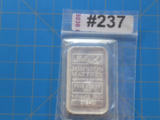 Johnson Matthey Fine Silver 1 troy oz Silver Bar w/ serial#