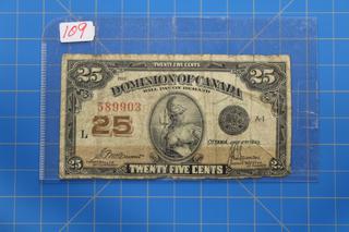 1923 $0.25 Canadian Bill 'Shin Plaster'
