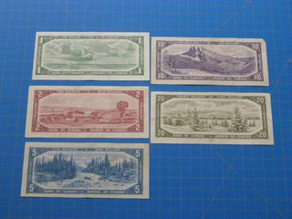 1954 Canadian $1, $2, $5, $10, $20 Bills