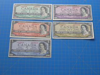 1954 Canadian $1, $2, $5, $10, $20 Bills