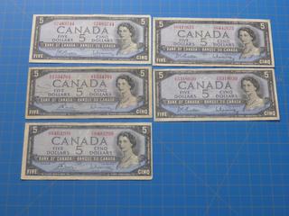 (5) 1954 $5 Canadian Bills