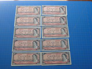 (10) 1954  $2 Canadian Bills