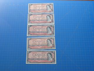 (5) 1954 $2 Canadaian Bills