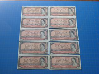 (10) 1954  $2 Canadian Bills