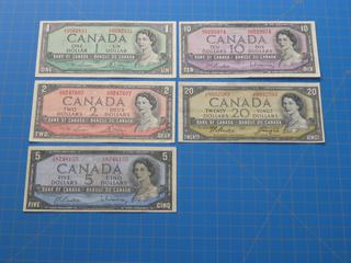 1954 Canadian $1, $2, $5, $10, $20 Bills