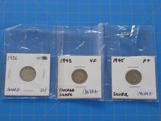 (1) 1936 Canadian Silver Dime, (1) 1943 Canadian Silver Dime, (1) 1945 Canadian Silver Dime