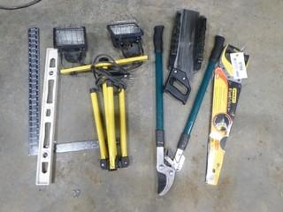 Qty of Pruning Shears, (2) Saws, Mitre Box and Halogen Shop Light (C-1)