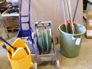 (1) Mobile Garbage Cans, Mobile Hose Reel, (1) Mops and Buckets, Snow Shovel 