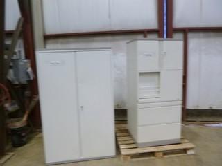 U-Shaped Desk w/ Work Table and 2 Storage Cabinets *NOTE: Desk and Table Damaged* (WR-3-20)