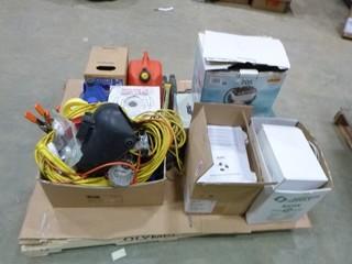 Variety of Storage Room Items, c/w Hand Air-Pump, Wagner 705 Power Steamer, 4G Jerry Can Box of Twine, Qty of Extension Cords, 2" Steel Spring Clamps, Category 3 Voice Communication Cable, Welding Helmet, RBC7 Replacement Batter 12V, Springs & Shocks (WR-4)