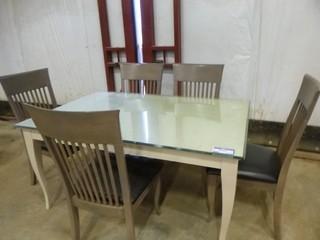 Glass Top 40" x 60" Dining Table w 5 Chairs *Note (1) Damaged Chair*