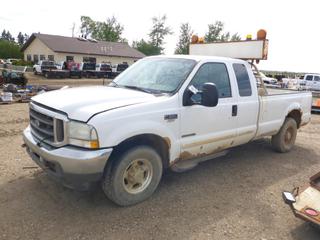2003 Ford F350 Lariat Extended Cab c/w Power Stroke V8, Diesel, GVWR 4,490 KG, 158" W/B, Remote Start, Pilot Car Sign (Unknown Working Condition) 265/75R16 Tires At 60%, Front Axle Rating 2,199 KG, Rear Axle Rating 3,098 KG, VIN 1FTSX30F73EA29268 *NOTE: Engine Turns Over, Right Mirror Damaged, Hood Release Broken*
