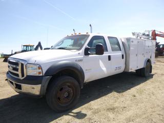 2007 Ford F-550 XL 4X4 Super Duty Crew Cab Service Truck c/w Power Stroke V8 Diesel, A/C, Showing 266,014 KMS, GVWR 8,142KG, 200" W/B, 245/70R19.5 Tires At 85%, Rear Dually, Front Axle Rating 3,175KG, Rear Axle Rating 6,196KG, 11' System One Service Body, Hoist w/ Keeper KU3.5 Winch, 3,500LB Capacity, VIN 1FTDAW57P67EB04150