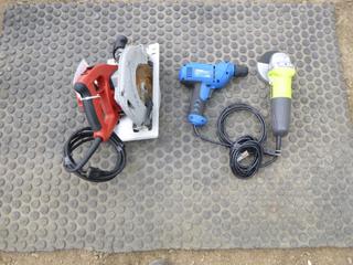 (1) Milwaukee 7 1/4" Circular Saw, (1) Ryobi 4 1./2" Grinder, (1) Power Fist 3/8" Electric Drill (A-1)