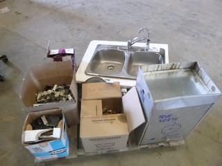 Various Used House Hold Items, Double Sink W/ Counter Top, 36" x 27", Electric Food Smoker, Misc Dishes, Qty of Electrical Outlets, Qty of Brass Pipe & Fittings, Bench Grinder ** Note All for Parts Only**