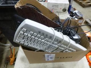 (4) Keyboards, Desktop Speakers, Computer Cables, Mutli Plug Extension Cord, (2) Computer Mouse (EE1-4-3)