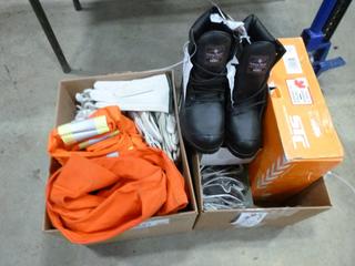 Qty of Sun Glasses, Work Gloves, Coveralls-50R and52R, (2) Size 5 Steel Toe CSA Work Boots (EE1-4-3)