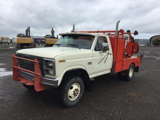 1986 Ford F350 XL 4x4 Deck/Welding truck c/w V8 7.5L, 5 Spd, Lincoln SA-200 Arc Welding Showing 5203 Hours, Ridgid BC-610 Pipe Clamp, 6" Bench Vise, Oxy-Acet Hose. Showing 126,502 Kms. S/N 2FDKF38L5GCA92681.