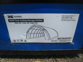 Unused 20Ft x 30Ft x 12Ft Peak Ceiling Storage Shelter  c/w Commercial Fabric, Roll Up Door.