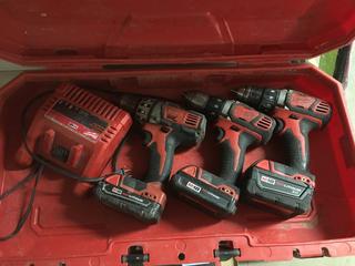 (3) Milwaukee 18V Drills With (3) Batteries & Charger in Case.