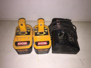 Ryobi Battery Charger & (2) 18V Batteries.