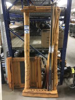 Wood Pool Cue Set, Stand, Chalkboard.
