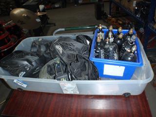 Assorted Paint Ball Canisters And Safety Equipment.