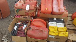 Pallet of Jerry Cans, Assorted New Vehicle & Motorcycle Oils and Fluids, Jumper Cables.