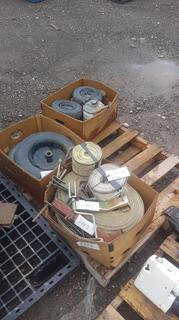 Pallet of Small Tires, Truck Straps c/w Strap Rollers.