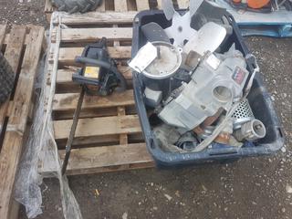 Crate of Pump, Small Engine Parts & Gas Chainsaw.