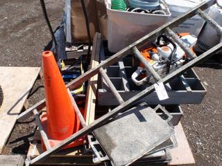 Pallet of Assorted Shop Tools & Parts Bin.