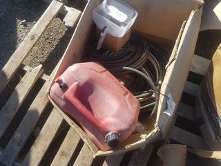 Box of Assorted Hydraulic Hoses & Gerry & Seed Spreader.