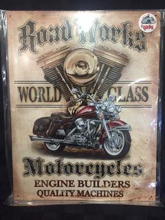 Road Works Motorcycles Tin Sign, 12-1/2" x 16".