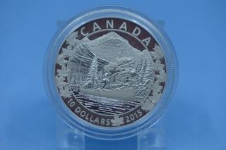 2015 Canada Man And Dog In Canoe Watching Train .999 Silver Coin.